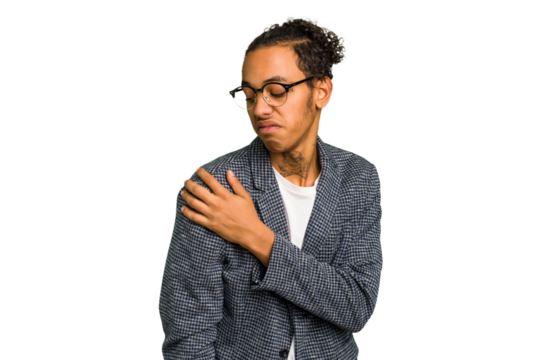Young African American man isolated having a shoulder pain.