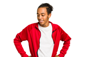 Young African American man isolated confident keeping hands on hips.