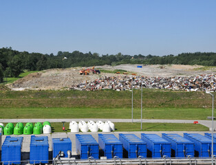 Waste recycling plants, waste processing machines, waste processing plants bins and containers in a waste recycling plant 