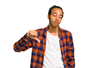 Young African American man isolated showing a dislike gesture, thumbs down. Disagreement concept.
