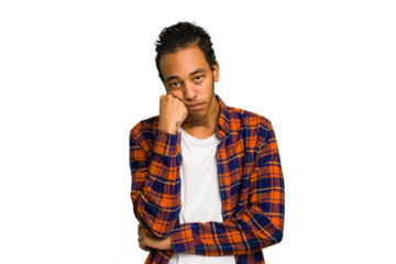 Young African American man isolated who feels sad and pensive, looking at copy space.