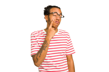 Young African American man isolated crying, unhappy with something, agony and confusion concept.