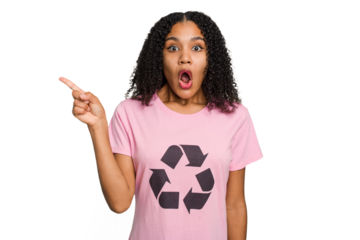 Young african american woman wearing a recycle t-shirt cutout isolated pointing to the side