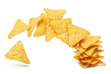 Flying tasty mexican nachos chips, isolated on white