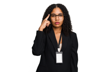 Young african american business woman with ID card isolated pointing temple with finger, thinking, focused on a task.