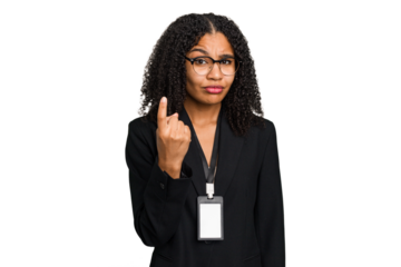Young african american business woman with ID card isolated pointing with finger at you as if inviting come closer.