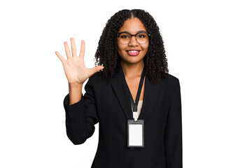 Young african american business woman with ID card isolated smiling cheerful showing number five...