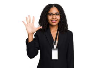 Young african american business woman with ID card isolated smiling cheerful showing number five with fingers.