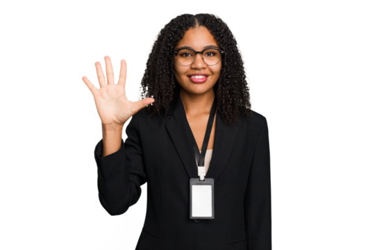 Young african american business woman with ID card isolated smiling cheerful showing number five with fingers.