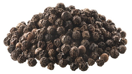 Pile of black peppercorns, a dried fermented seeds of Piper nigrum, isolated png - obrazy, fototapety, plakaty