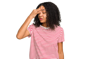 Young african american woman with curly hair cut out isolated having a head ache, touching front of the face.