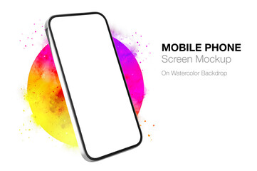 Mobile phone mockup, blank screen phone on watercolor backdrop