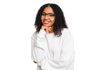 Young african american woman with curly hair cut out isolated smiling happy and confident, touching chin with hand.