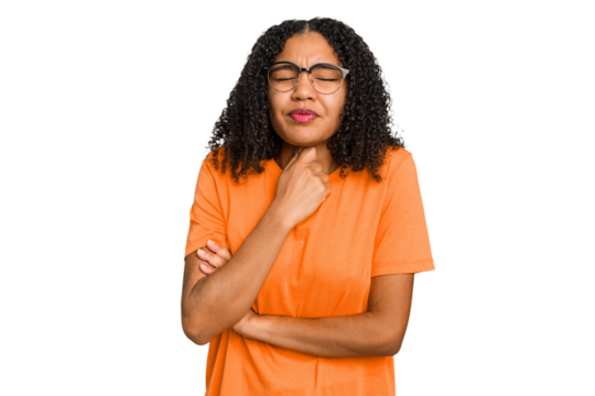 Young african american woman with curly hair cut out isolated suffers pain in throat due a virus or infection.