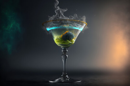 Creative cocktail with bright colours and smoke. Unusual drinks. Generative ai