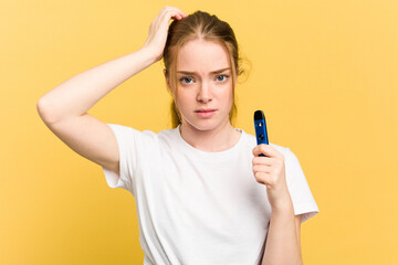 Young cute woman holding a vaper isolated on yellow background being shocked, she has remembered...