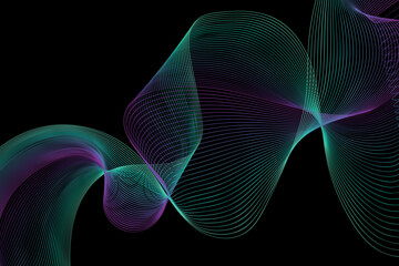 Fototapeta premium Abstract wave swirl swoosh isolated on black background. Dynamic Music waves. Design for banner
