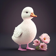 a white fluffy duck with a yellow beak and pink chrysanthemum flowers on a black background,  generative AI, generative artificial intelligence