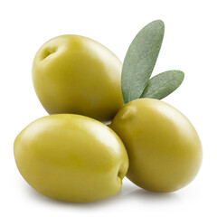 Close-up of olives with olive leaves, isolated on white background - obrazy, fototapety, plakaty