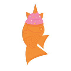 Sweet fish cake. Asian sugar dessert cartoon style. Taiyaki ice cream with unicorn horn.