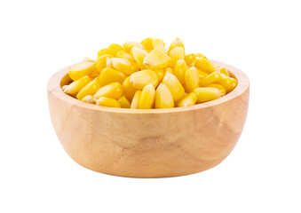 Corn seeds in wood bowl isolated on transparent png