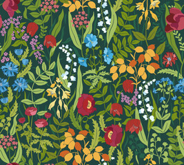 Wildflowers on dark green background seamless pattern. Vector illustration. - 553174591