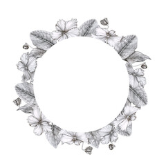 Round frame from African violets (saintpaulia). Hand drawn graphics. Design for postcard, invitation, greeting, print, logo, label. Valentine's Day, wedding, birthday, anniversary, mother's day, etc.
