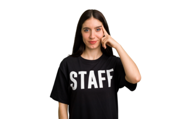 Young caucasian staff woman isolated pointing temple with finger, thinking, focused on a task.