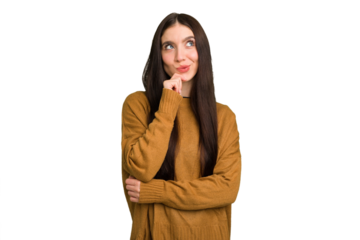 Young caucasian brunette long hair woman cutout isolated looking sideways with doubtful and skeptical expression.