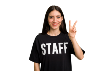 Young caucasian staff woman isolated showing number two with fingers.