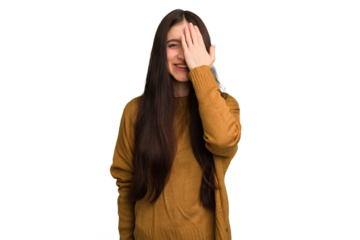 Young caucasian brunette long hair woman cutout isolated having fun covering half of face with palm.
