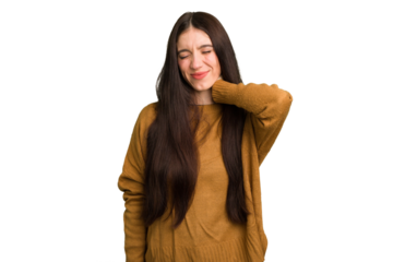 Young caucasian brunette long hair woman cutout isolated suffering neck pain due to sedentary lifestyle.