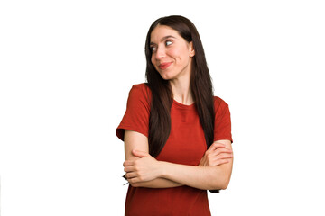 Young caucasian brunette long hair woman cutout isolated smiling confident with crossed arms.