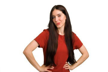 Young caucasian brunette long hair woman cutout isolated frowning face in displeasure, keeps arms folded.