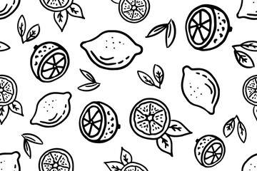 Fresh lemons print. Hand drawn line doodle lemon illustration. Minimalism lemon. Seamless pattern with citrus fruits.