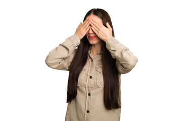 Young caucasian brunette long hair woman cutout isolated afraid covering eyes with hands.