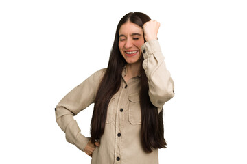 Young caucasian brunette long hair woman cutout isolated celebrating a victory, passion and enthusiasm, happy expression.