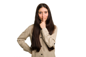 Young caucasian brunette long hair woman cutout isolated thinking and looking up, being reflective, contemplating, having a fantasy.