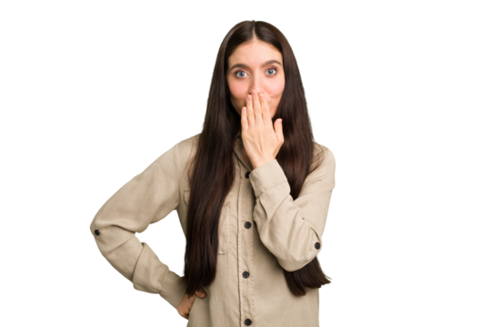 Young caucasian brunette long hair woman cutout isolated shocked, covering mouth with hands, anxious to discover something new.