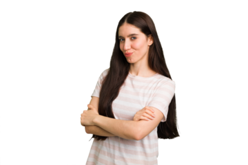 Young caucasian brunette long hair woman cutout isolated frowning face in displeasure, keeps arms folded.
