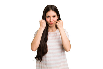 Young caucasian brunette long hair woman cutout isolated upset screaming with tense hands.