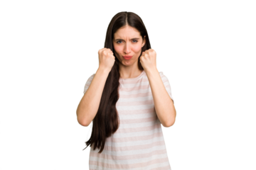 Young caucasian brunette long hair woman cutout isolated upset screaming with tense hands.
