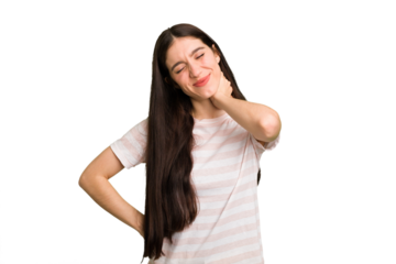 Young caucasian brunette long hair woman cutout isolated suffering neck pain due to sedentary lifestyle.