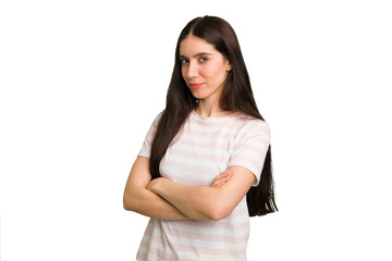 Fototapeta premium Young caucasian brunette long hair woman cutout isolated suspicious, uncertain, examining you.