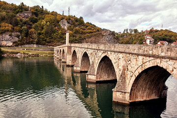 Bridge on river Drina, famous historic Ottoman architecture in Visegrad, Bosnia and Herzegovina.