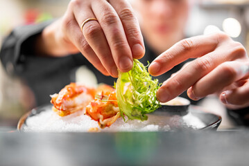 chef decorated plate with food on kitchen