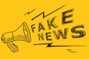 Megaphone with the text FAKE NEWS drawn on yellow. Hand drawn illustration. Information and disinformation concept.