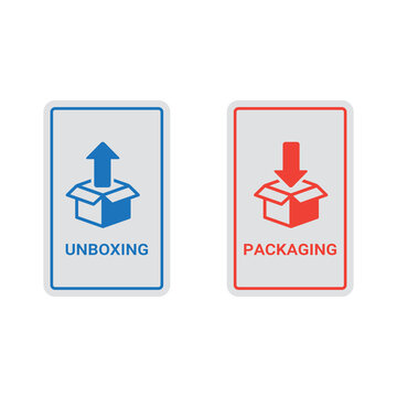 vector illustration of packaging and unpacking sign label, with box design marked with arrow lines.