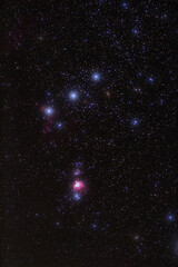 Milky Way stars and constellations on evening sky. Orion nebula.