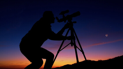 Man with astronomy telescope looking at the night sky, stars, planets, Moon and shooting stars.